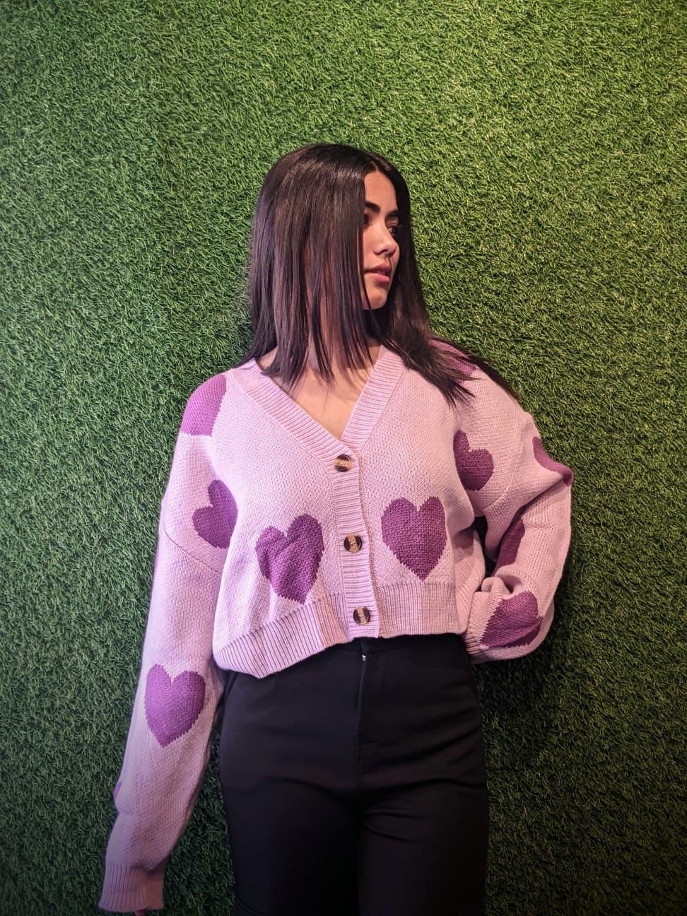 Women Down Shoulder Cardigan Sweaters Purple (बैंगनी) Regular Sleeves (Full) | GKD-1023
