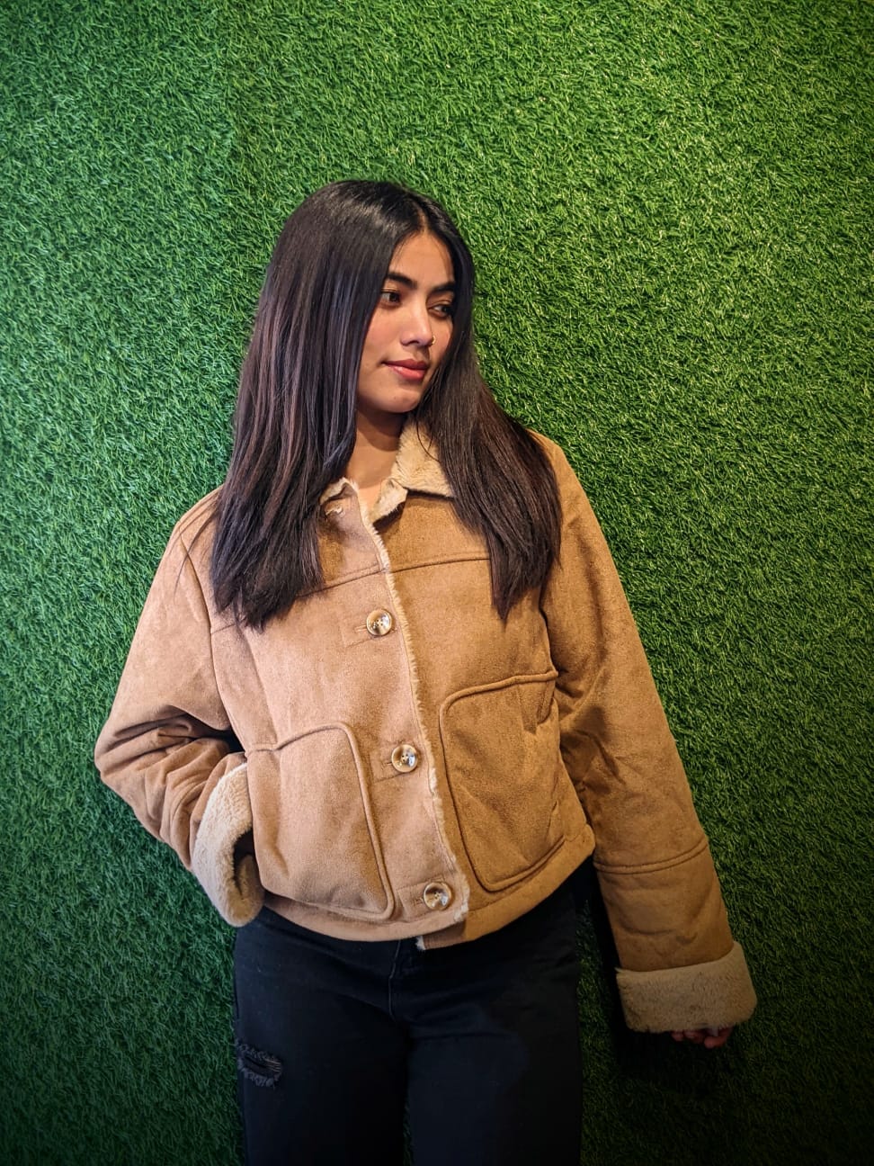 Crop Jacket Women Sweaters Khaki Regular Sleeves  | GKD-1050