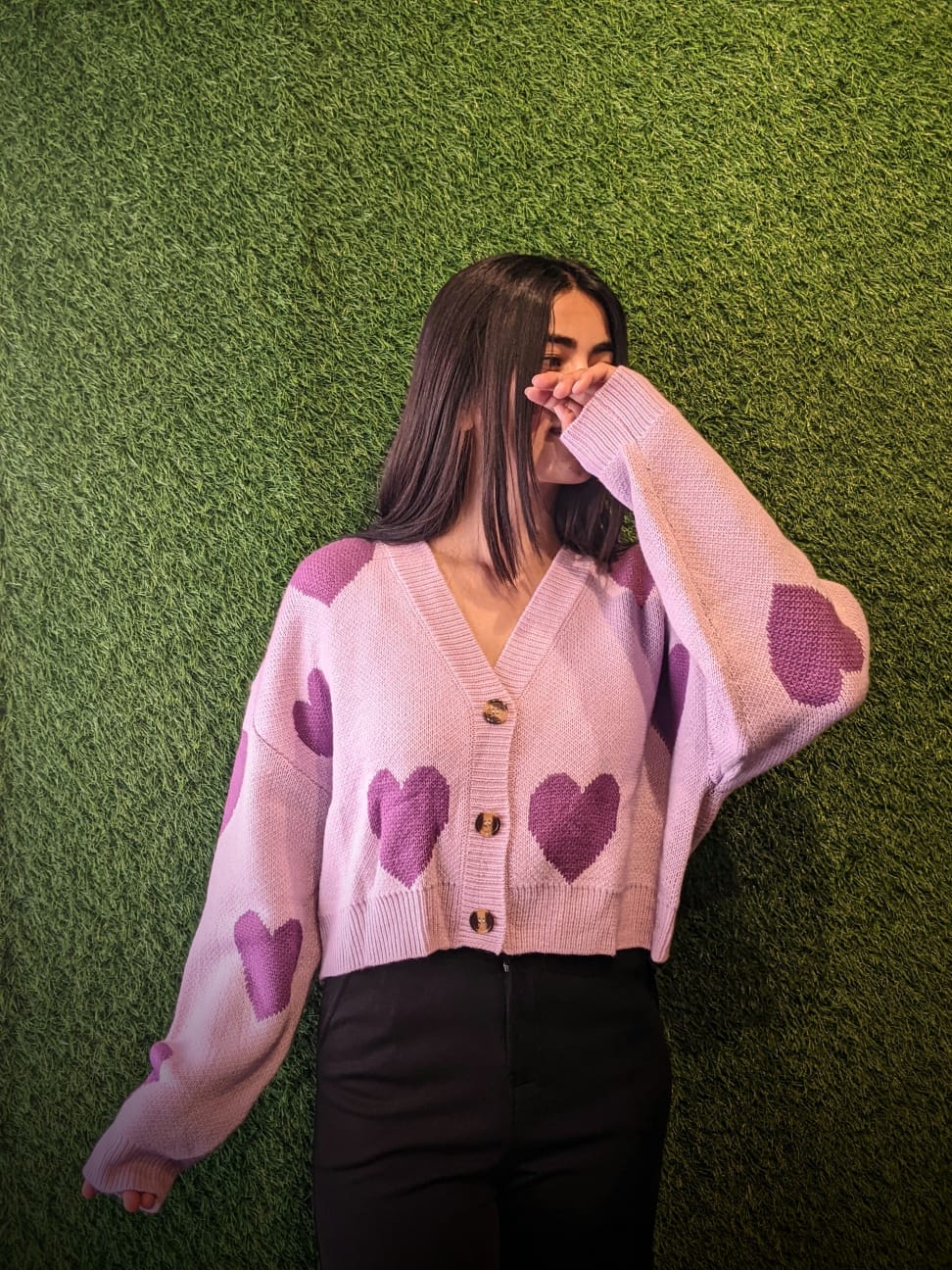 Down Shoulder Cardigan Women Sweaters Purple (??????) Regular Sleeves (Full)  | GKD-1023